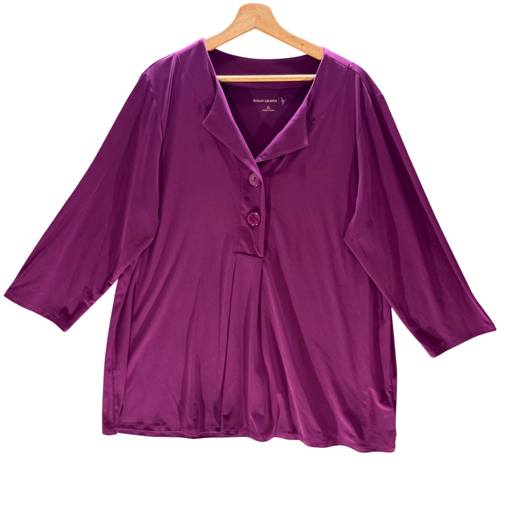 Susan‎ Graver Liquid Knit Tunic Top Button Front 3/4 Sleeve Purple XL NWOT